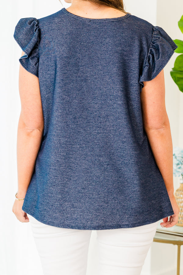 Chic Soul plus size clothing, dark blue blouse with ruffled details