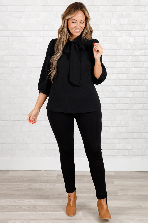 Chic Soul plus size clothing, black blouse top with 3/4 sleeves and wrap tie in front
