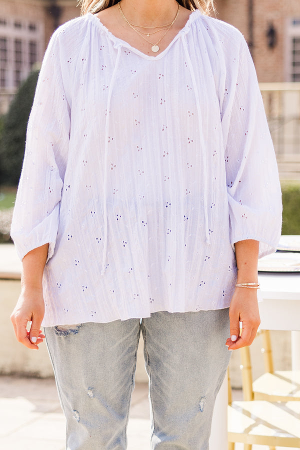 Chic Soul plus size clothing, white long sleeve eyelet top with v neckline with tie detail