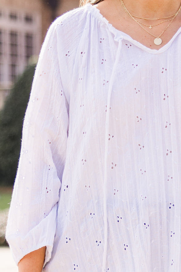 Chic Soul plus size clothing, white long sleeve eyelet top with v neckline with tie detail