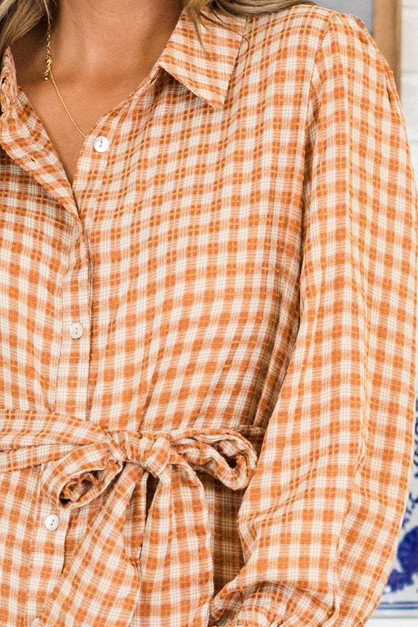 Chic Soul plus size clothing, rust maxi dress with orange plaid print with button up detail with collar and tie waist detail and cuff sleeves