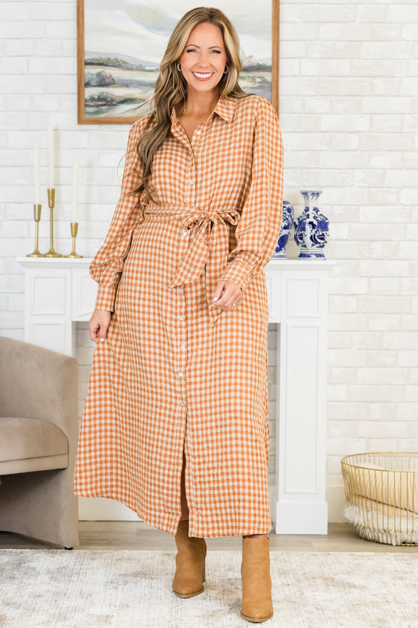 Chic Soul plus size clothing, rust maxi dress with orange plaid print with button up detail with collar and tie waist detail and cuff sleeves