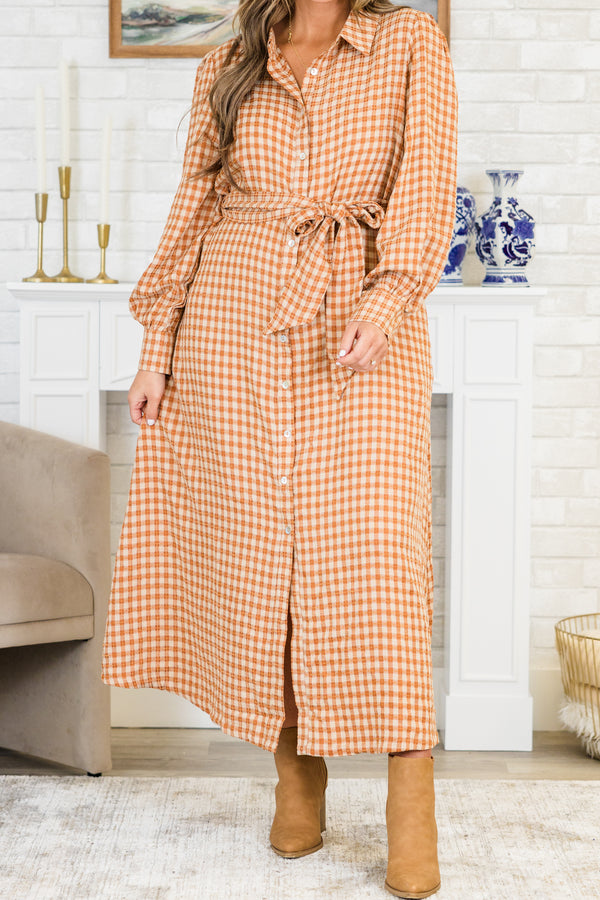 Chic Soul plus size clothing, rust maxi dress with orange plaid print with button up detail with collar and tie waist detail and cuff sleeves
