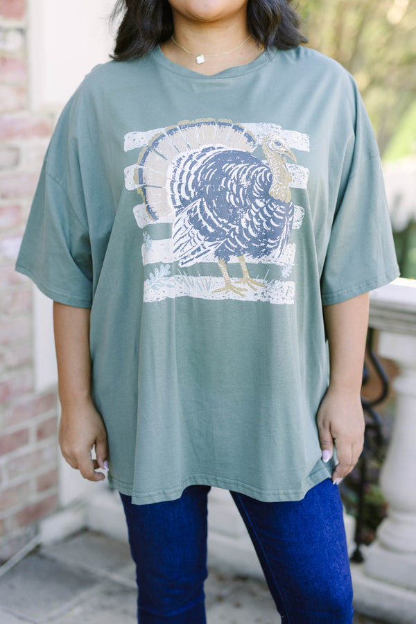 Plus size clothing, moss oversized boyfriend tee with turkey graphic