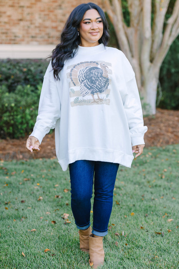 Plus Size ivory mock neck pullover sweatshirt with a vintage-style turkey graphic and long sleeves.