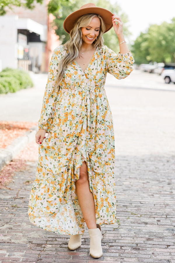Chic Soul plus size clothing, long sleeve midi dress with cinched waist tie and orange, green, white floral pattern