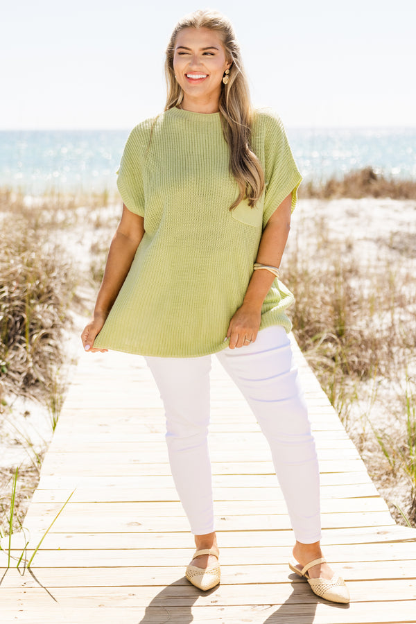 Chic Soul plus size clothing, short-sleeve light sage green knit sweater top with a mock neck and a pocket on the bodice 