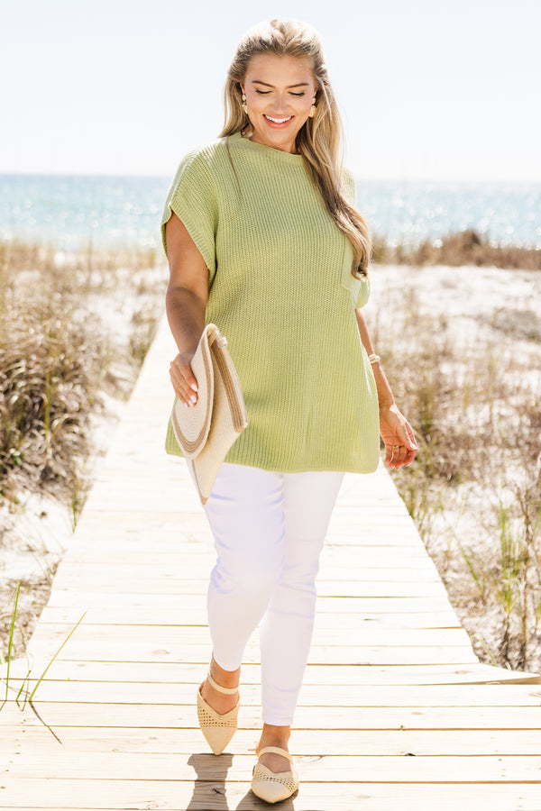 Chic Soul plus size clothing, short-sleeve light sage green knit sweater top with a mock neck and a pocket on the bodice 