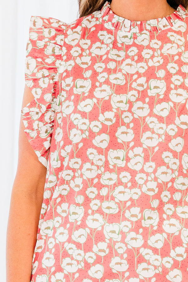 Plus Size peach floral print top with flutter sleeves and a high ruffled neckline.