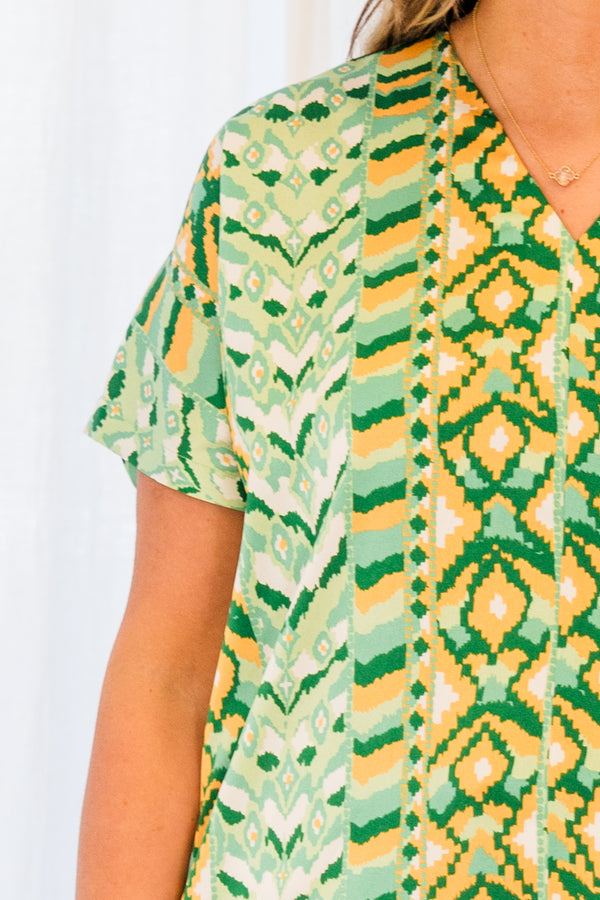 Chic Soul plus size clothing, green aztec pattern short sleeve top with v neckline