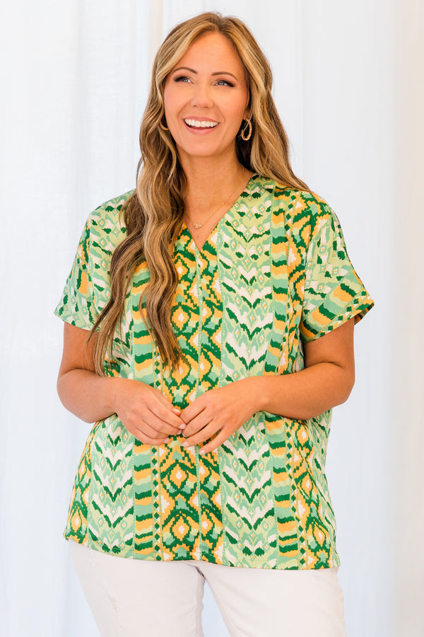 Chic Soul plus size clothing, green aztec pattern short sleeve top with v neckline