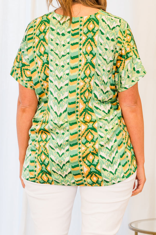 Chic Soul plus size clothing, green aztec pattern short sleeve top with v neckline