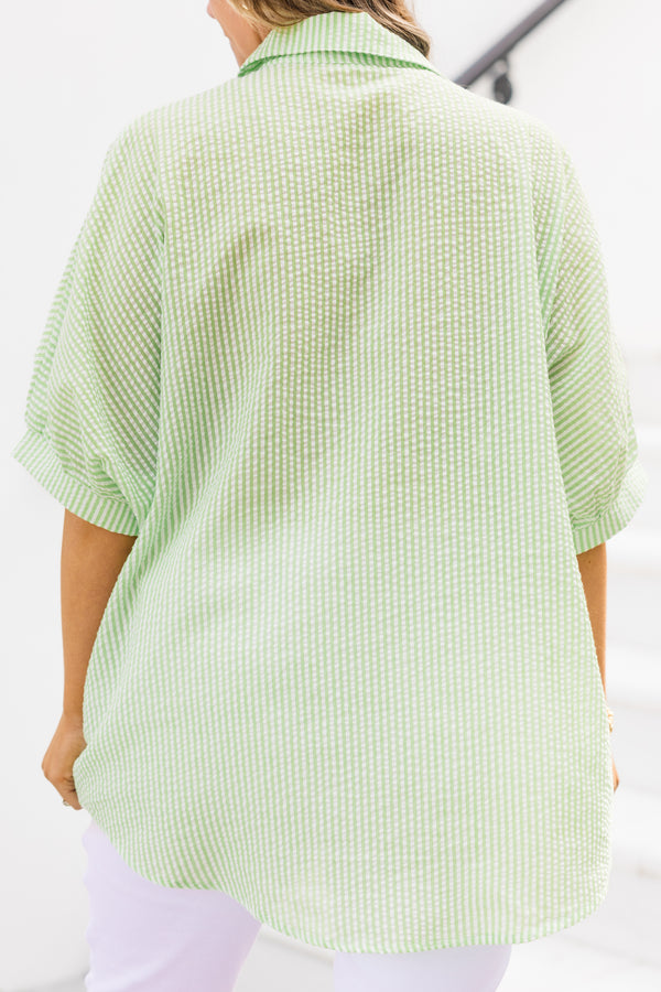 Chic Soul plus size clothing, green stripe print button up short sleeve top with collar detail and cuff detail on sleeves