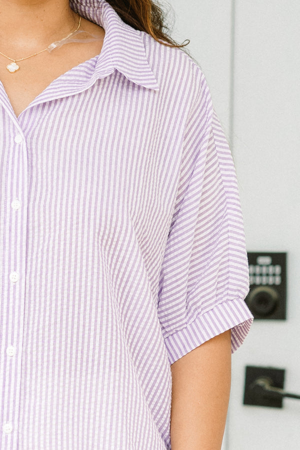 Chic Soul Plus size clothing, White and purple short sleeve casual button up top with a striped pattern 

