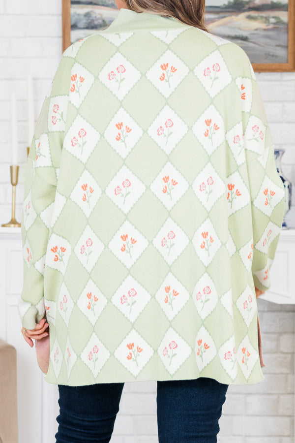 Chic Soul plus size clothing, sage long sleeve checkered print sweater with floral multi print with mock neckline with slits on the side