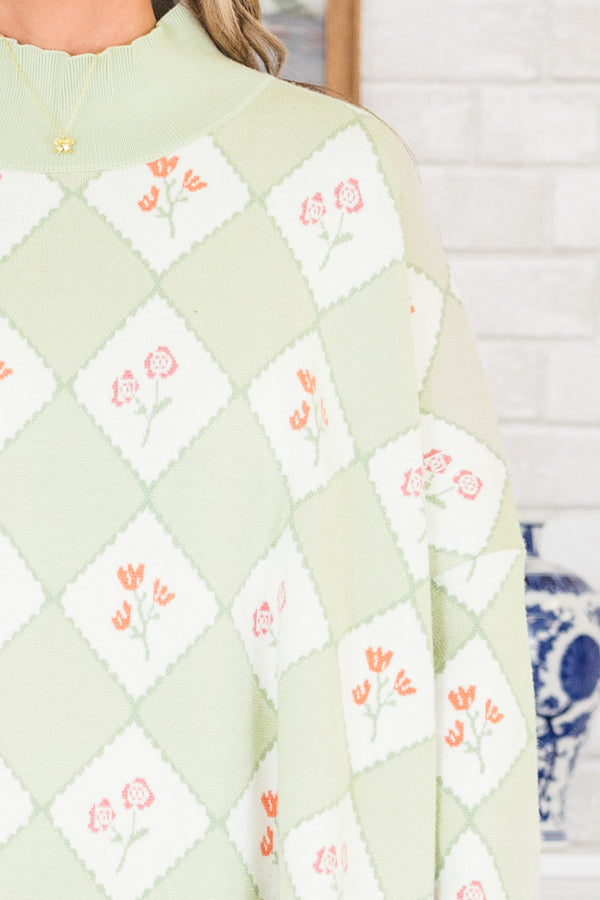 Chic Soul plus size clothing, sage long sleeve checkered print sweater with floral multi print with mock neckline with slits on the side