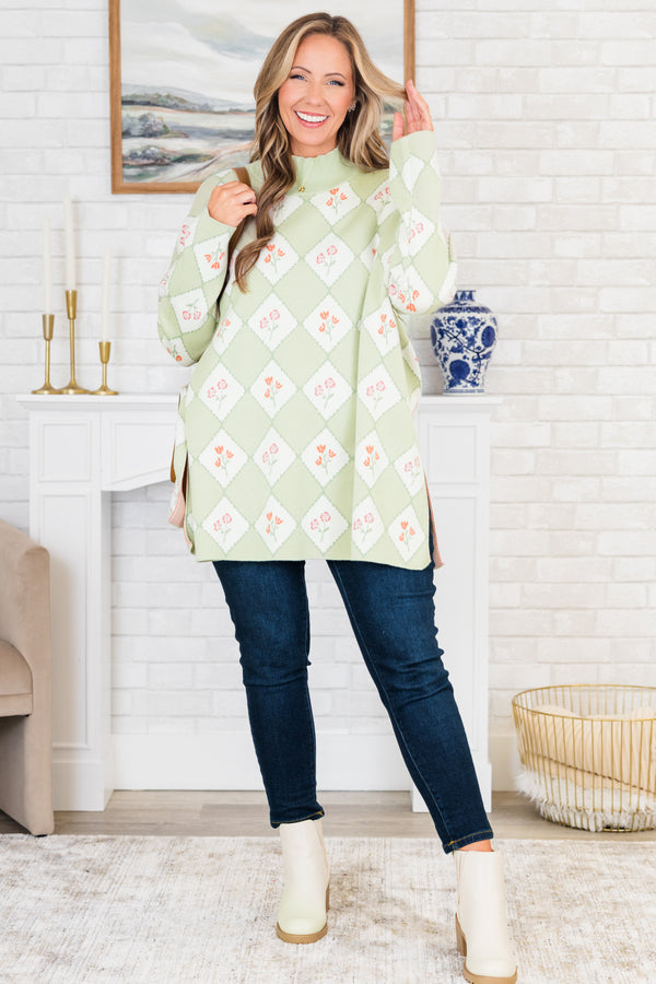 Chic Soul plus size clothing, sage long sleeve checkered print sweater with floral multi print with mock neckline with slits on the side