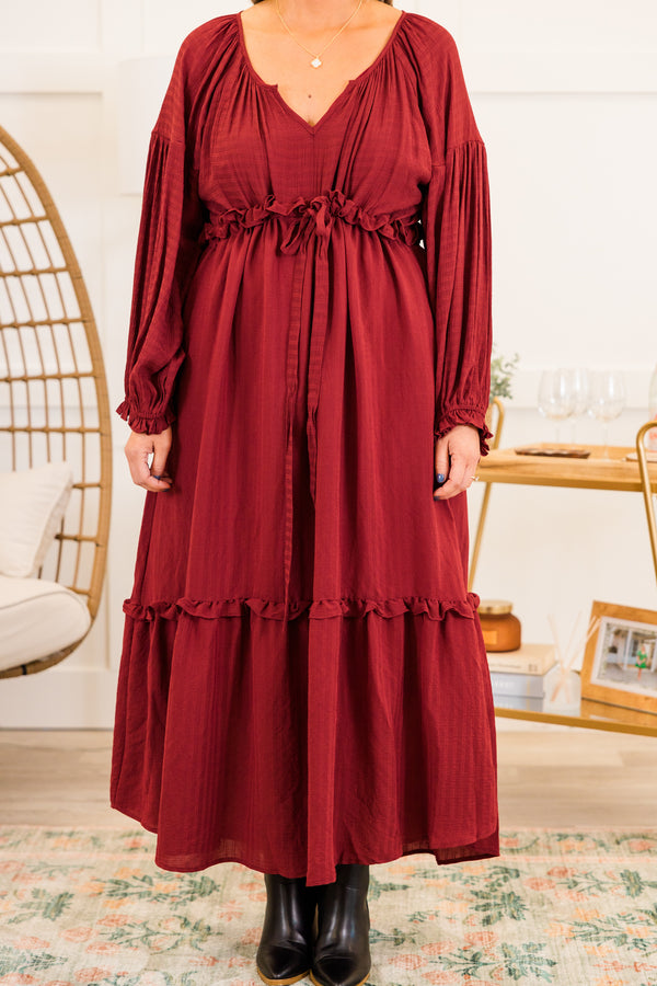 Chic Soul plus size clothing,  long-sleeve burgundy red ruffled baby doll midi dress with ruffles along seams and v-neckline