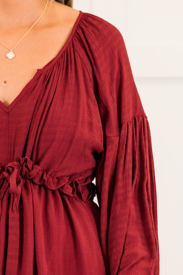 Chic Soul plus size clothing,  long-sleeve burgundy red ruffled baby doll midi dress with ruffles along seams and v-neckline