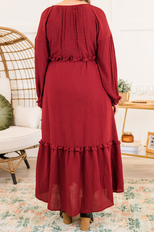 Chic Soul plus size clothing,  long-sleeve burgundy red ruffled baby doll midi dress with ruffles along seams and v-neckline