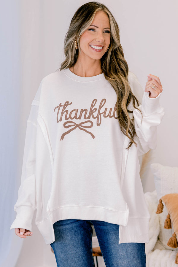 Chic Soul plus size clothing, ivory oversized crewneck with 