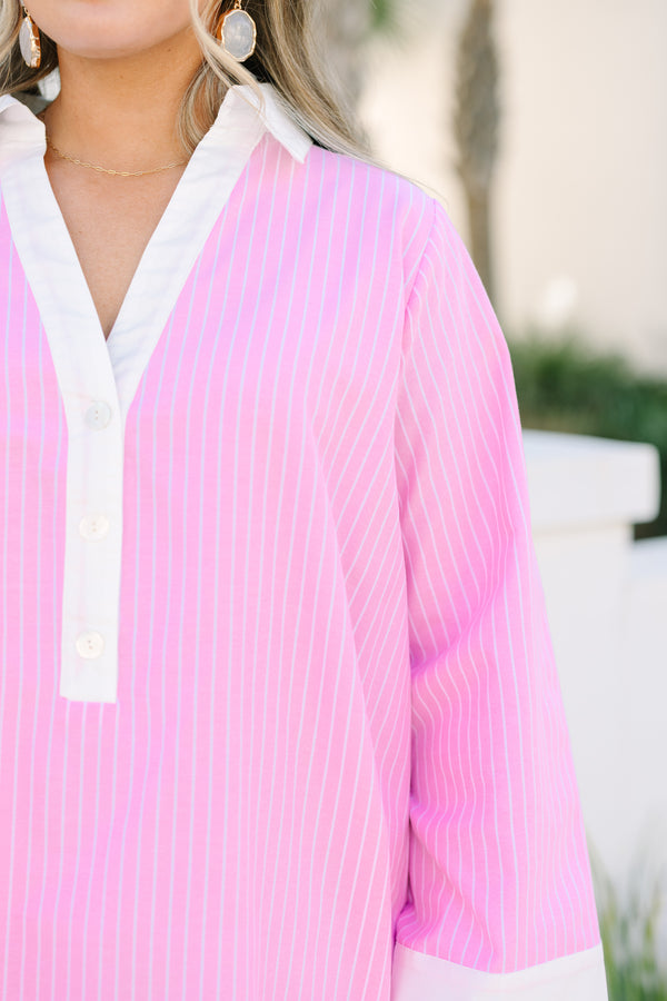 Chic Soul plus size clothing, pink knee length long sleeve dress with a stripe pattern as well as  white cuffs at the end of the sleeves bottom of the dress and along the v-neckline 