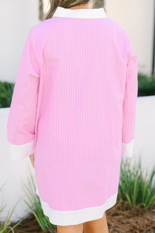 Chic Soul plus size clothing, pink knee length long sleeve dress with a stripe pattern as well as  white cuffs at the end of the sleeves bottom of the dress and along the v-neckline 