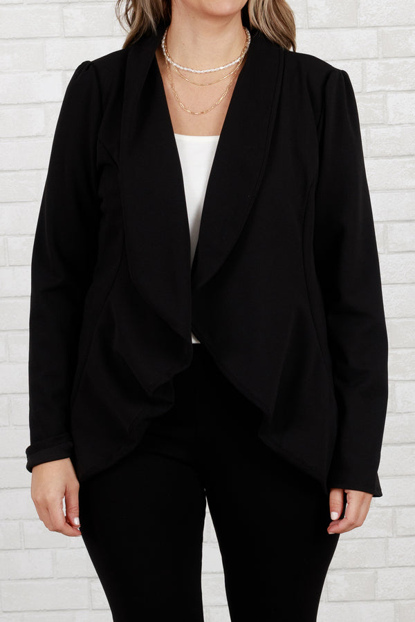 Chic Soul plus size clothing, black colored shorter length blazer simple business professional style blazer jacket top not heavy material