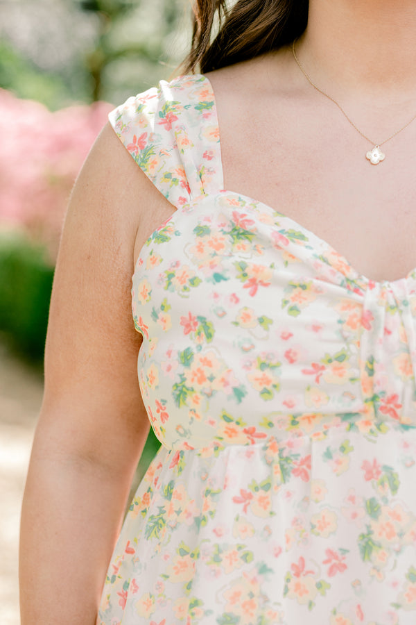 Chic Soul plus size clothing, sleeveless ivory white tank top with a sweetheart neckline and a multicolored subtle floral pattern