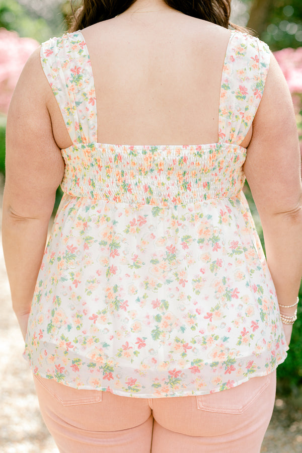 Chic Soul plus size clothing, sleeveless ivory white tank top with a sweetheart neckline and a multicolored subtle floral pattern