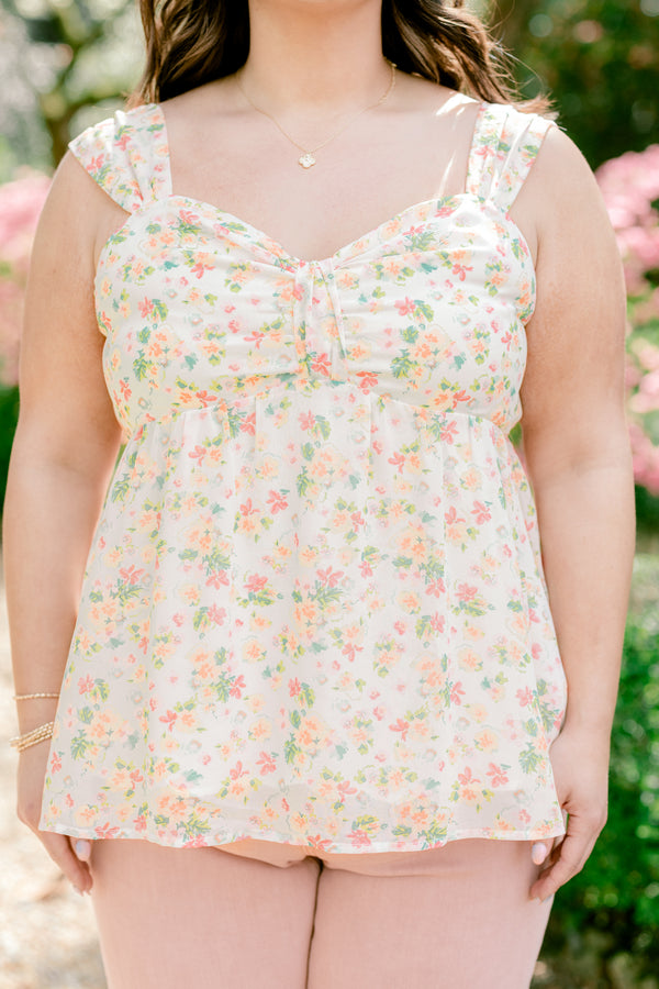 Chic Soul plus size clothing, sleeveless ivory white tank top with a sweetheart neckline and a multicolored subtle floral pattern