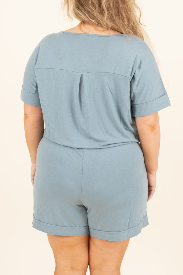 Chic Soul plus size clothing, blue grey romper with tie at waist and button details