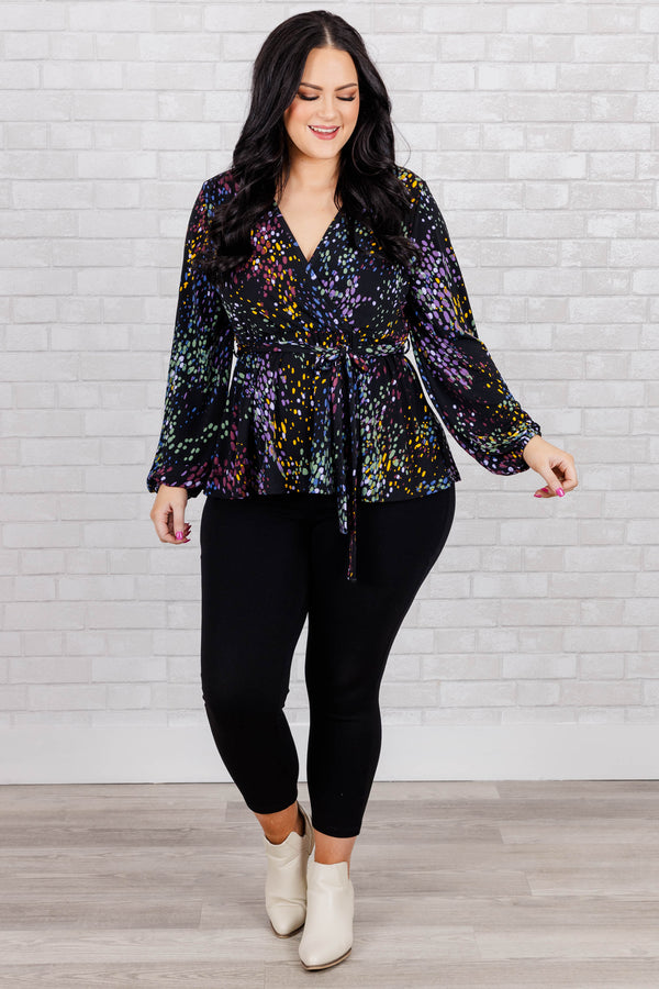 Chic Soul plus size clothing, black cross cross top with tie at waist and multicolor spotted pattern