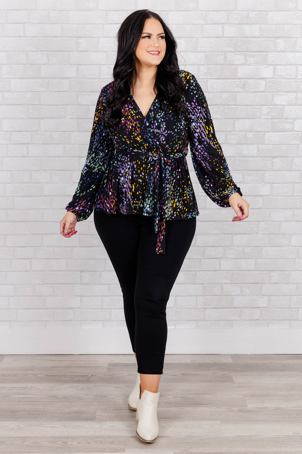 Chic Soul plus size clothing, black cross cross top with tie at waist and multicolor spotted pattern