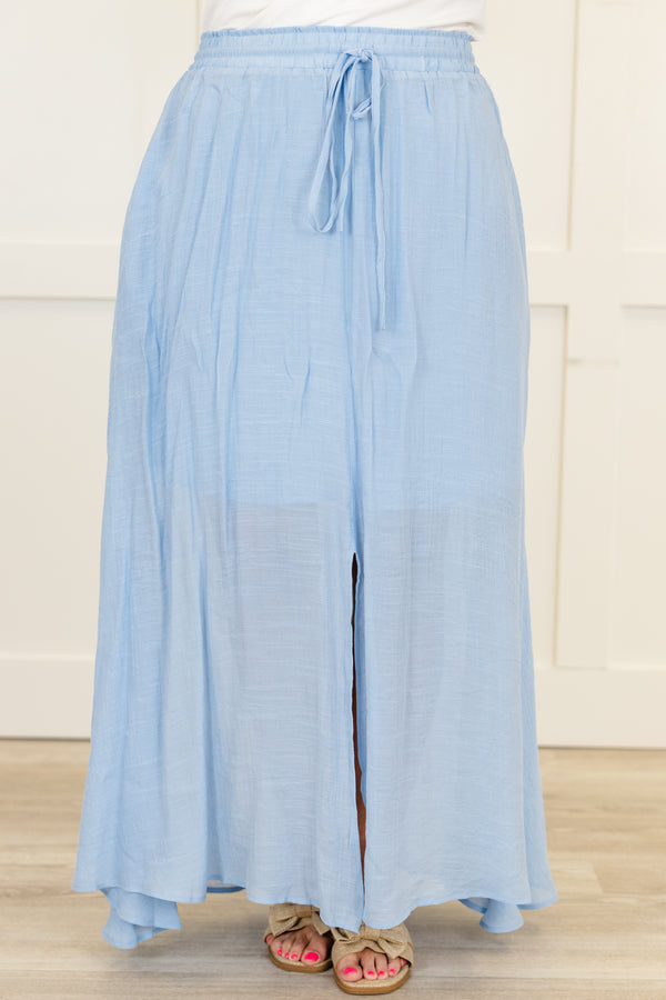 Chic Soul plus size clothing, misty blue maxi skirt with adjustable drawstring and elastic waistband