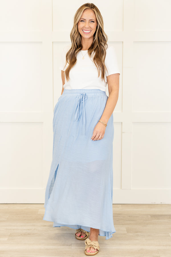 Chic Soul plus size clothing, misty blue maxi skirt with adjustable drawstring and elastic waistband
