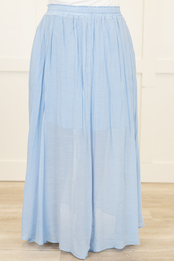 Chic Soul plus size clothing, misty blue maxi skirt with adjustable drawstring and elastic waistband