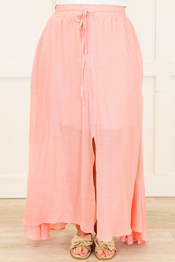 Chic Soul plus size clothing, pastel pink maxi skirt with slit in the front and drawstring stretchy waist