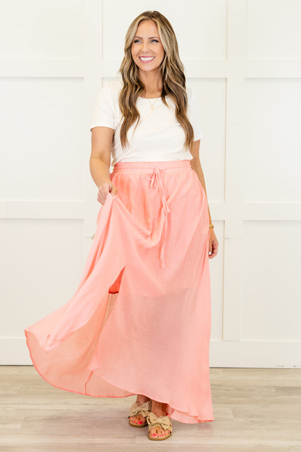 Chic Soul plus size clothing, pastel pink maxi skirt with slit in the front and drawstring stretchy waist