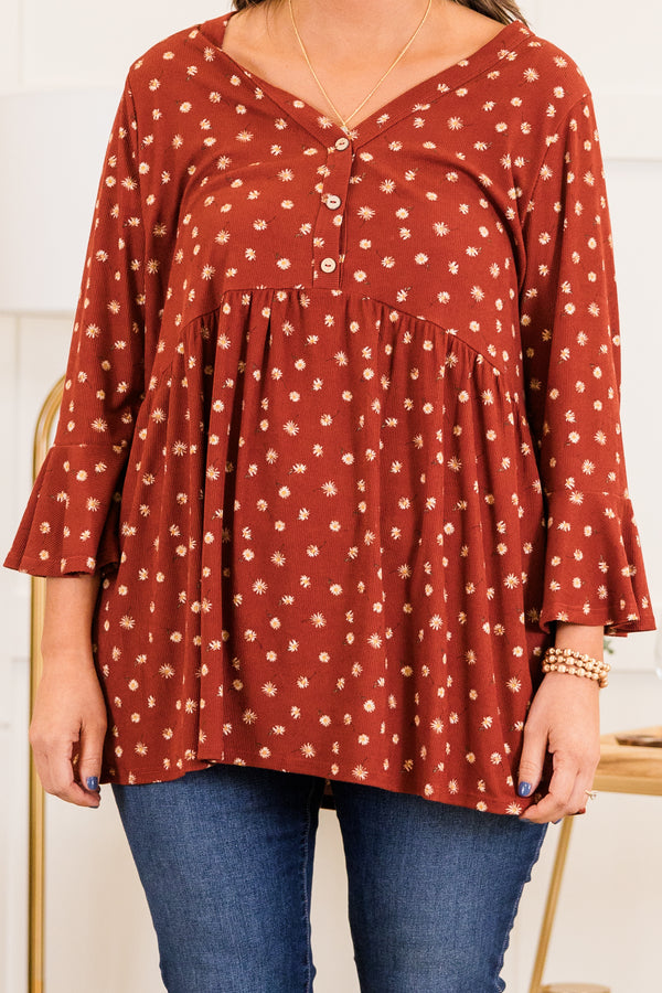 Chic Soul plus size clothing, quarter-sleeve copper brown baby-doll top with buttoned v-neckline and ivory floral pattern detailing 