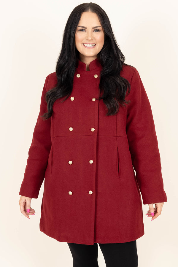 Chic Soul plus size clothing, wine double buttoned coat with a high neckline