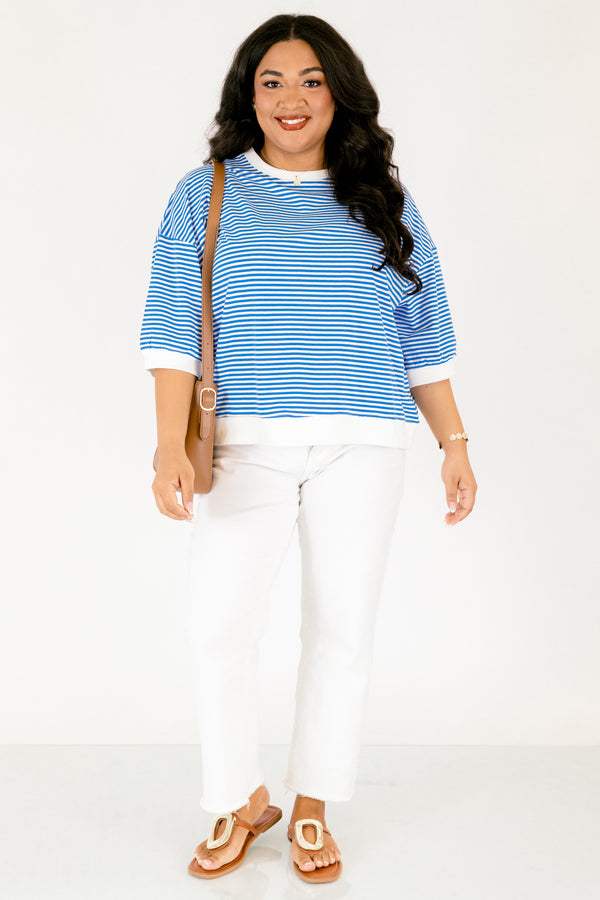 Chic Soul plus size clothing, ocean blue and white horizontal pin stripe mid sleeve top with white border along the crew neckline, bottom of sleeves, and bottom of top