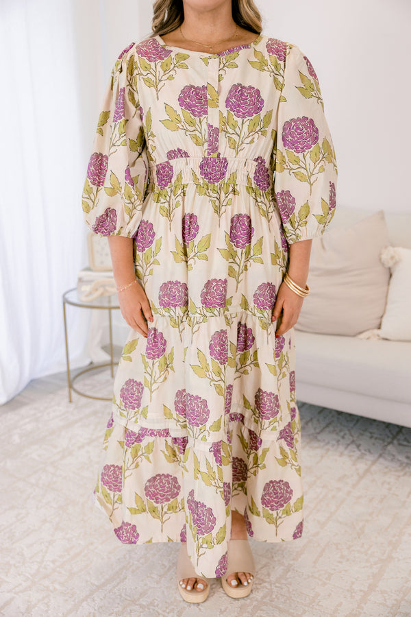 Chic Soul plus size clothing, cream long puff sleeve tiered maxi dress with purple hydrangea floral print 