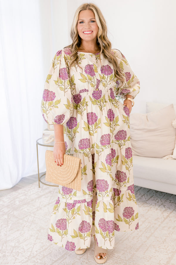 Chic Soul plus size clothing, cream long puff sleeve tiered maxi dress with purple hydrangea floral print 