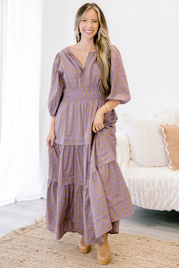 Chic Soul plus size clothing, dusty light purple long sleeve tiered maxi dress with v neckline and small yellow flower pattern