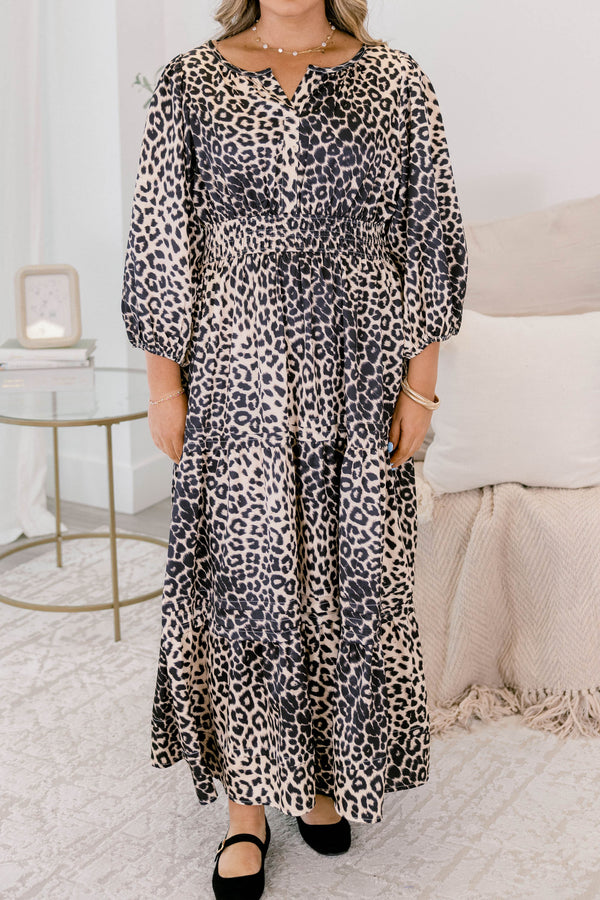 Chic Soul plus size clothing, leopard maxi dress with a slight v-neckline a sinched waist and long bubble sleeves 