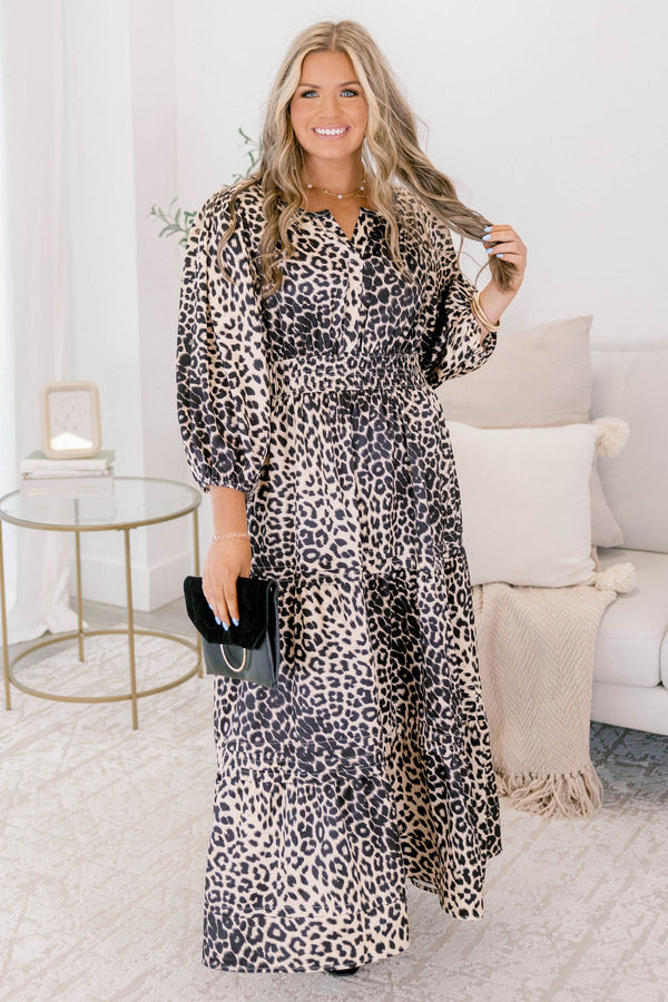 Chic Soul plus size clothing, leopard maxi dress with a slight v-neckline a sinched waist and long bubble sleeves 