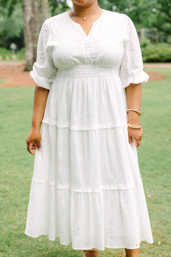 Chic Soul plus size clothing, white puff mid sleeve maxi dress with small v cut out at neckline and tiered skirt