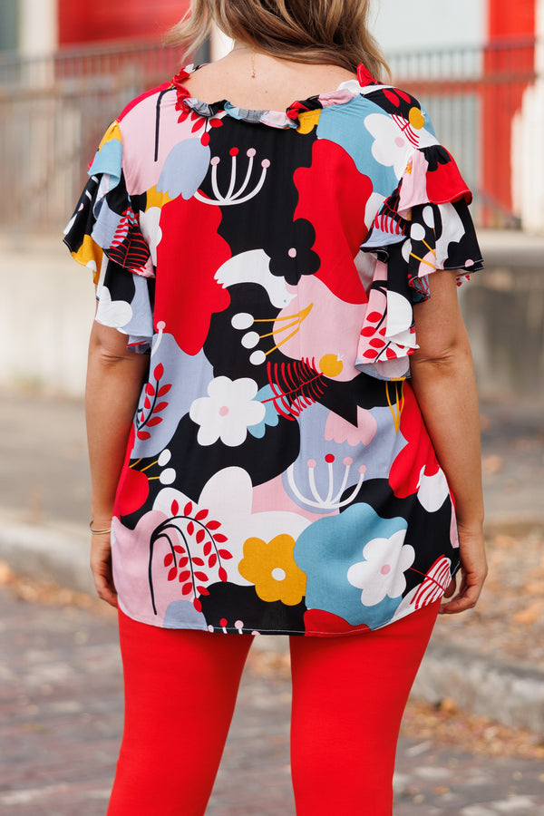 Chic Soul plus size clothing, bold black floral top with flutter sleeves