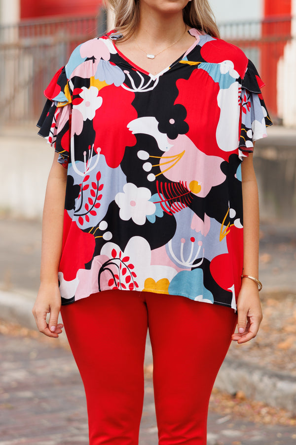 Chic Soul plus size clothing, bold black floral top with flutter sleeves